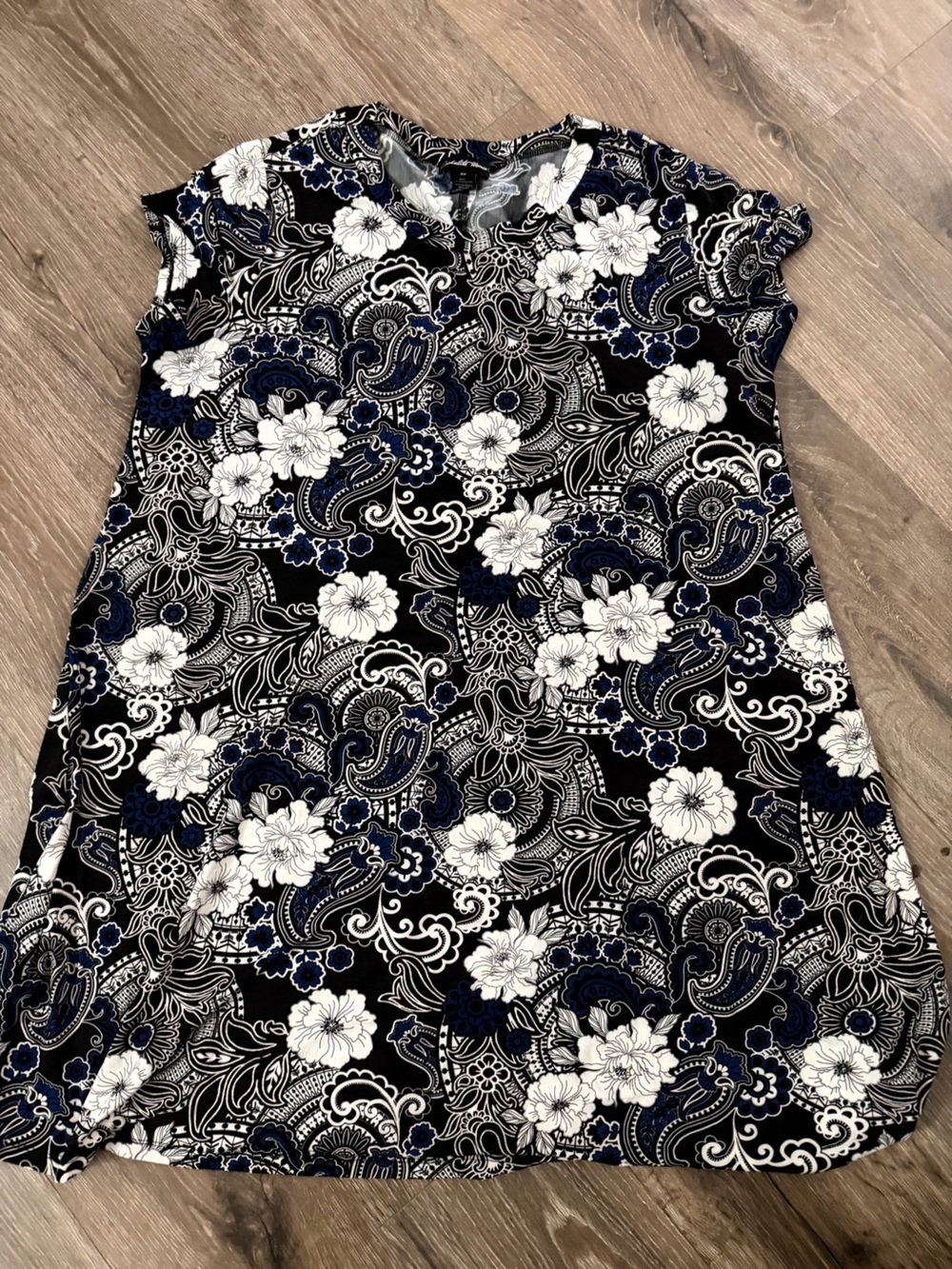 Black Floral Paisley Midi Dress with Navy Accents